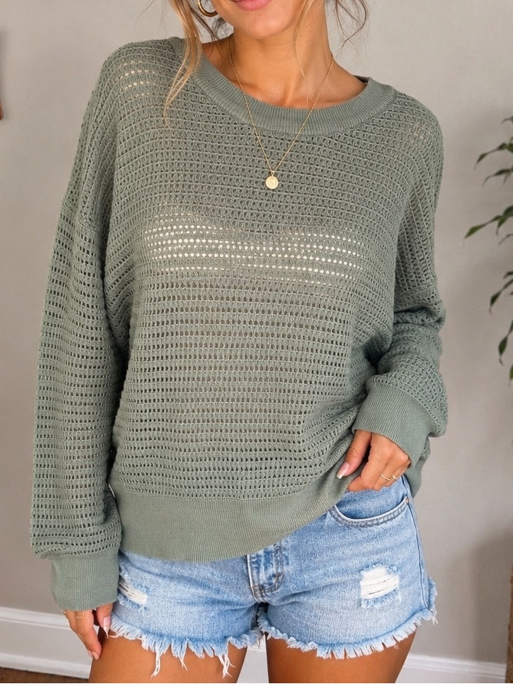 Varley Kershaw Sweater Sz M Sage Green Crochet Minimalist Open Knit Pullover